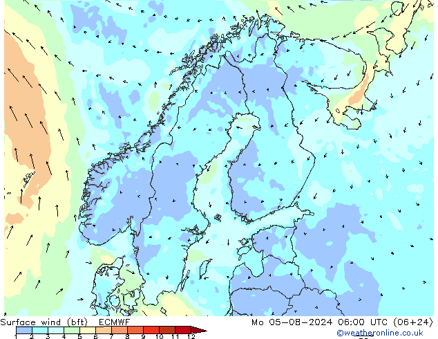 �N 10 米 (bft) ECMWF 星期一 05.08.2024 06 UTC