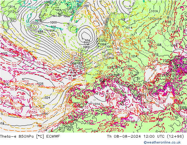 Theta-e 850hPa ECMWF do 08.08.2024 12 UTC