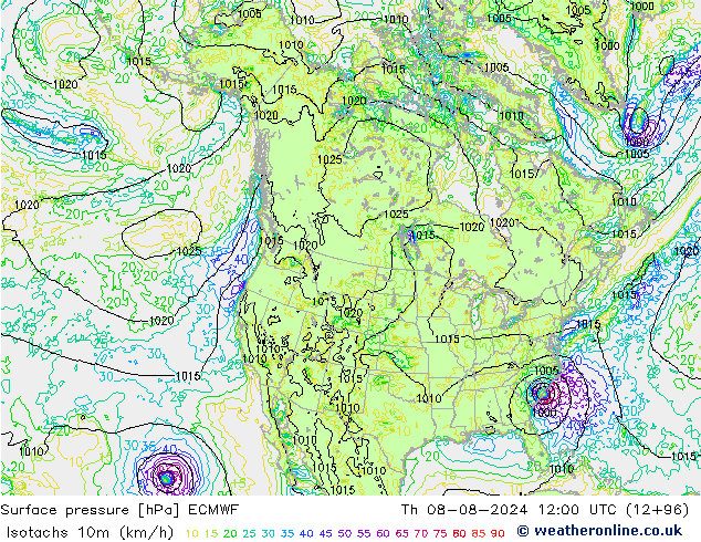 10米等风速线 (kph) ECMWF 星期四 08.08.2024 12 UTC