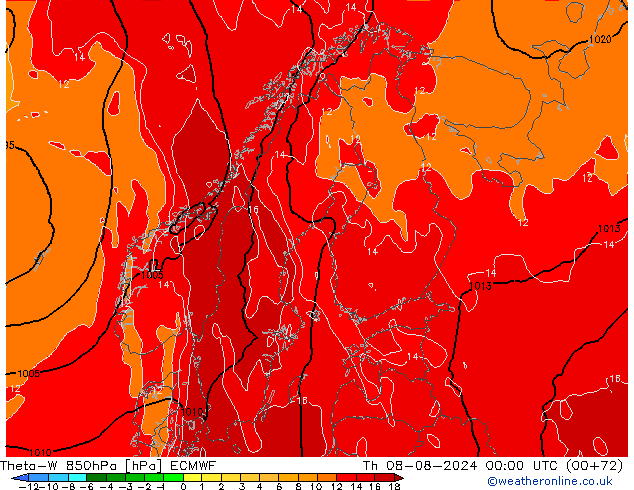 Theta-W 850hPa ECMWF 星期四 08.08.2024 00 UTC