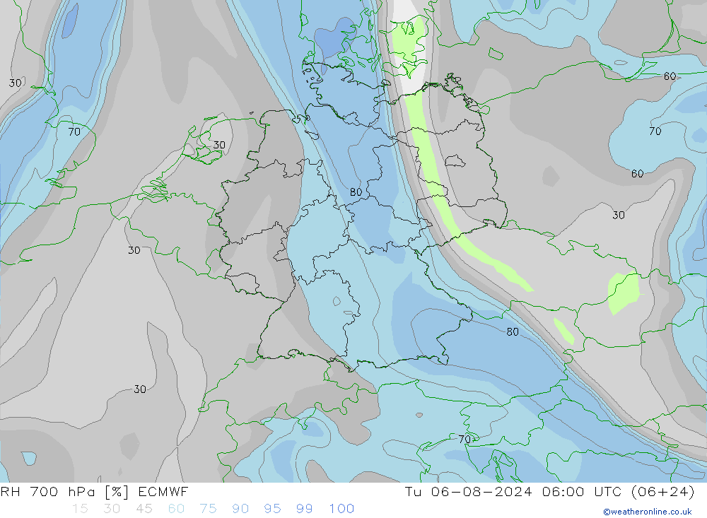 RH 700 hPa ECMWF 星期二 06.08.2024 06 UTC