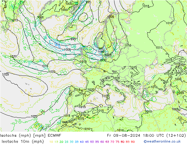 Isotachen (mph) ECMWF vr 09.08.2024 18 UTC