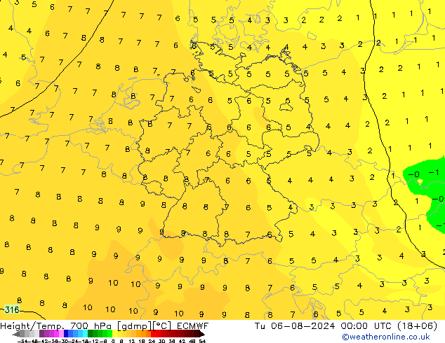 Hoogte/Temp. 700 hPa ECMWF di 06.08.2024 00 UTC