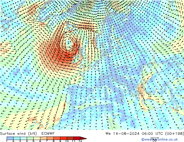 Wind 10 m (bft) ECMWF wo 14.08.2024 06 UTC