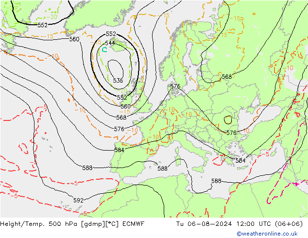 Z500/Rain (+SLP)/Z850 ECMWF 星期二 06.08.2024 12 UTC