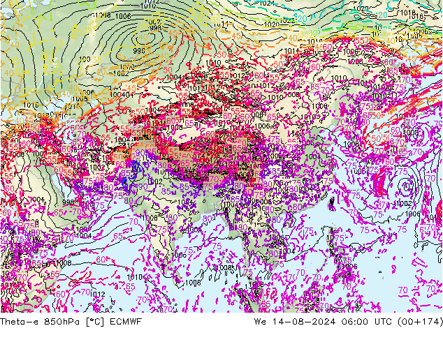 Theta-e 850hPa ECMWF wo 14.08.2024 06 UTC