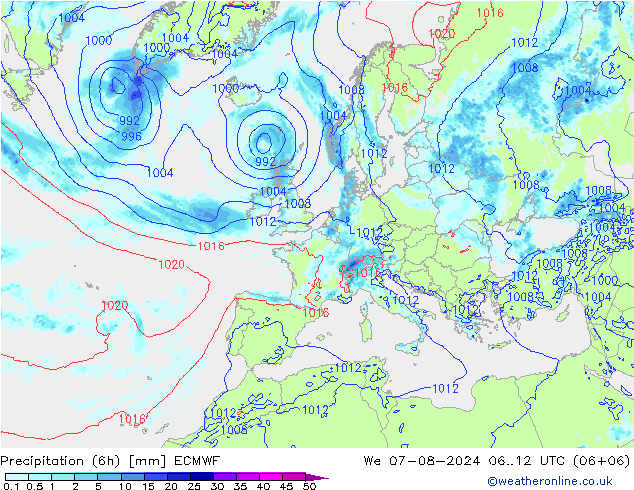 Totale neerslag (6h) ECMWF wo 07.08.2024 12 UTC