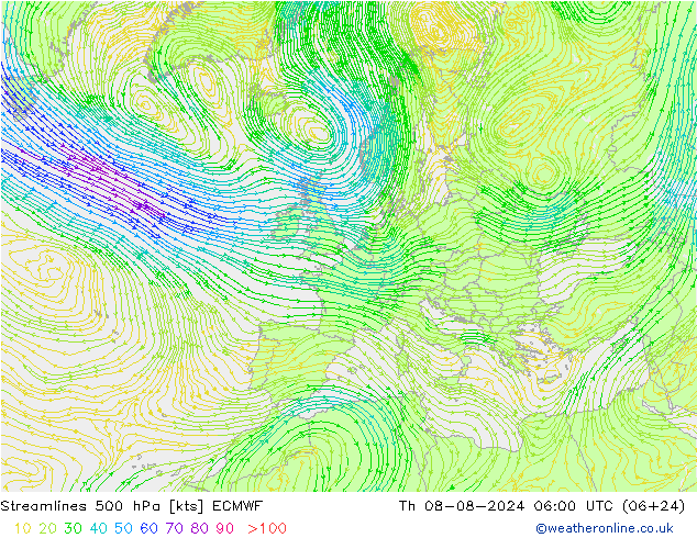 Stroomlijn 500 hPa ECMWF do 08.08.2024 06 UTC