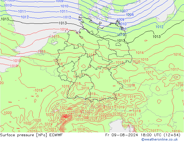 地面气压 ECMWF 星期五 09.08.2024 18 UTC