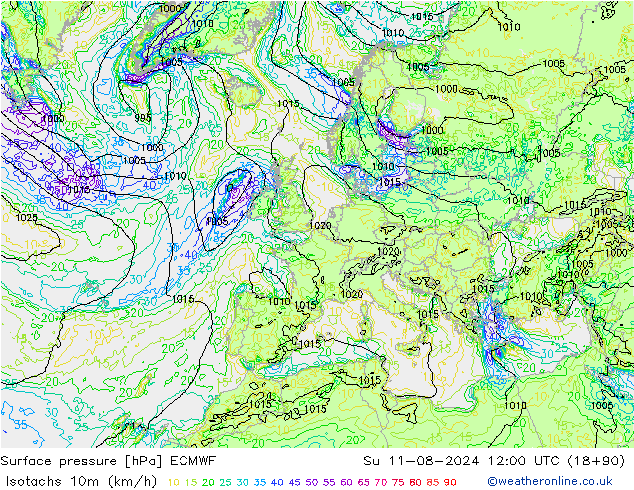 10米等风速线 (kph) ECMWF 星期日 11.08.2024 12 UTC