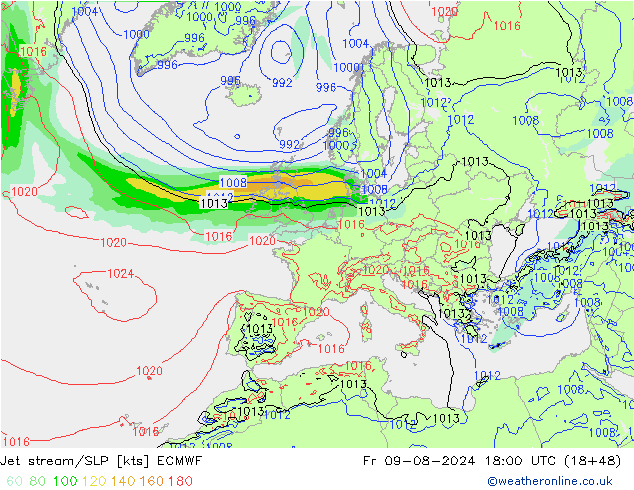 Straalstroom/SLP ECMWF vr 09.08.2024 18 UTC