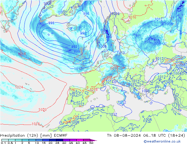 Totale neerslag (12h) ECMWF do 08.08.2024 18 UTC