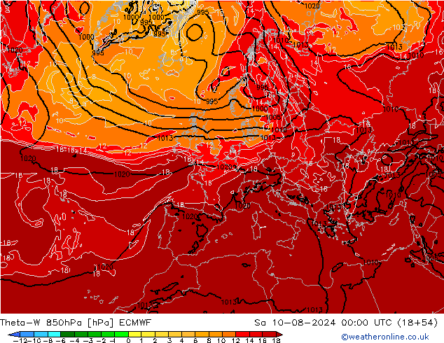 Theta-W 850hPa ECMWF za 10.08.2024 00 UTC