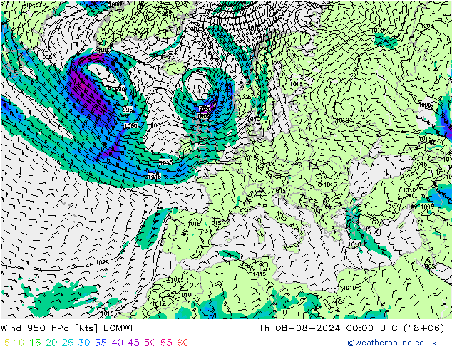 Wind 950 hPa ECMWF do 08.08.2024 00 UTC