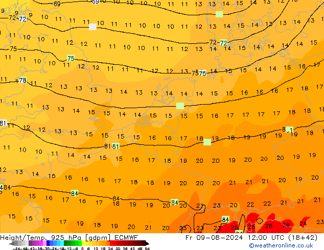 Height/Temp. 925 hPa ECMWF 星期五 09.08.2024 12 UTC