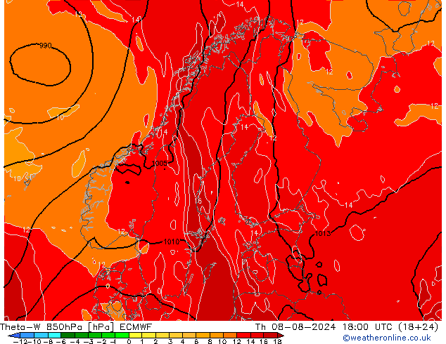 Theta-W 850hPa ECMWF do 08.08.2024 18 UTC