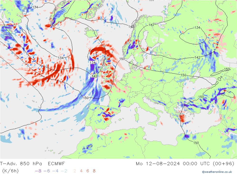 T-Adv. 850 hPa ECMWF 星期一 12.08.2024 00 UTC