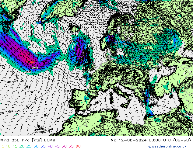 风 850 hPa ECMWF 星期一 12.08.2024 00 UTC