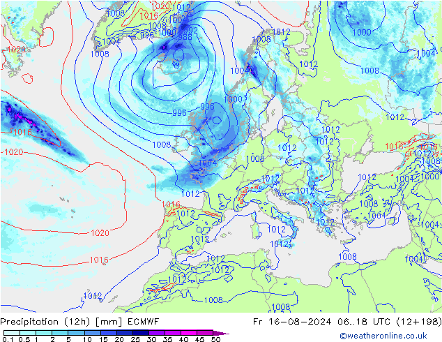 降水量 (12h) ECMWF 星期五 16.08.2024 18 UTC