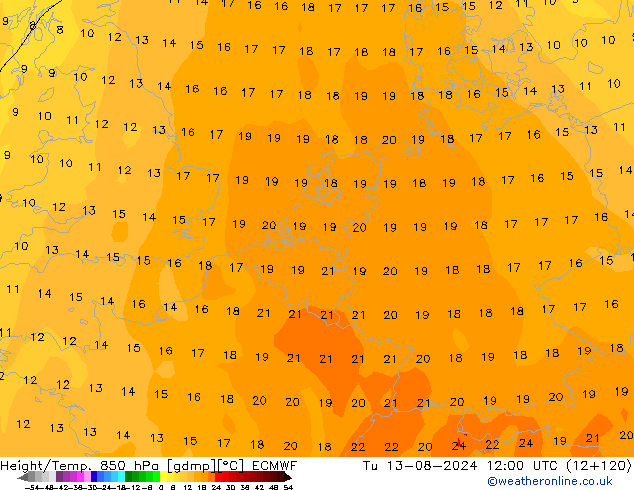 Hoogte/Temp. 850 hPa ECMWF di 13.08.2024 12 UTC