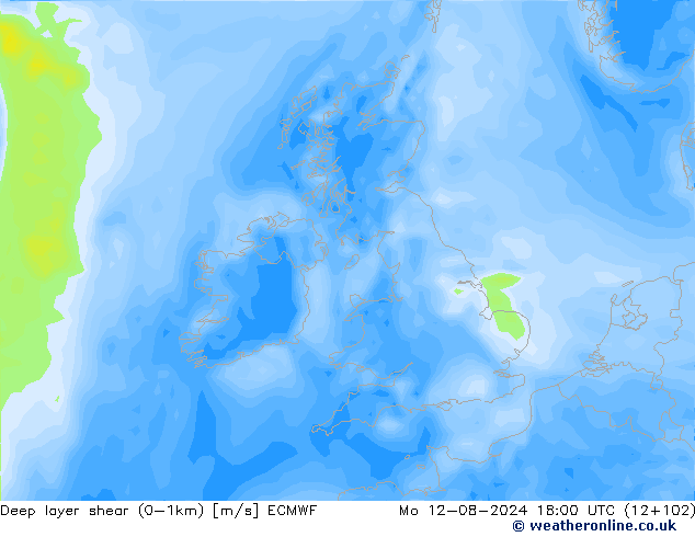 Deep layer shear (0-1km) ECMWF 星期一 12.08.2024 18 UTC