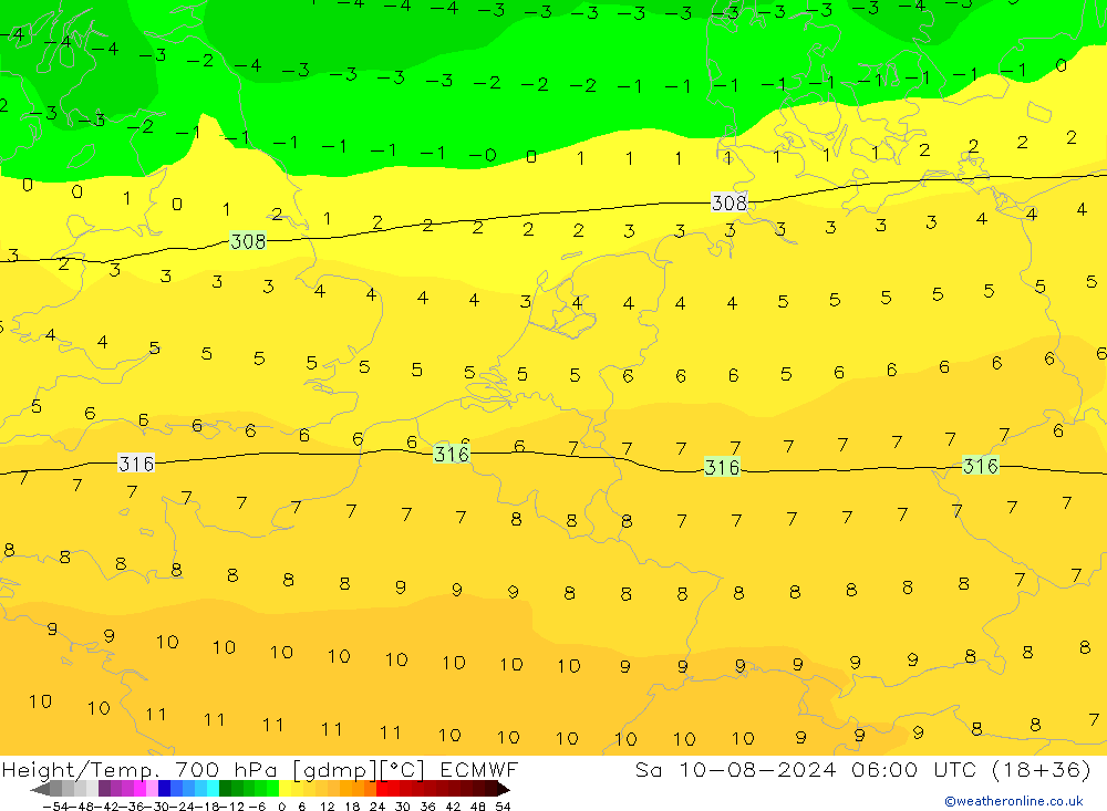 Hoogte/Temp. 700 hPa ECMWF za 10.08.2024 06 UTC