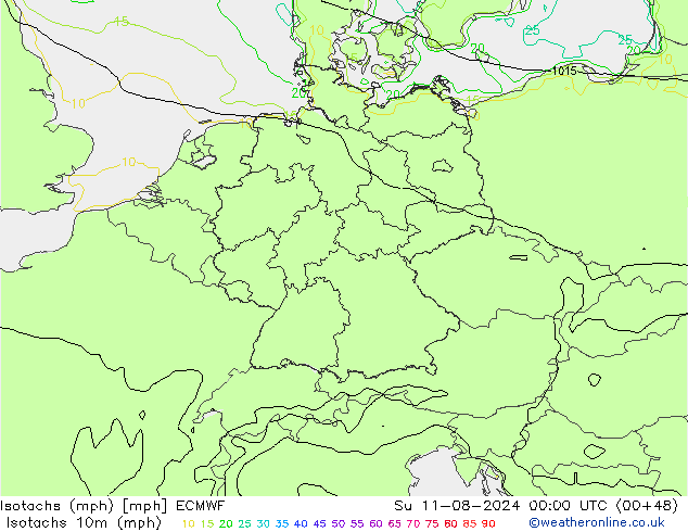 Isotachs (mph) ECMWF 星期日 11.08.2024 00 UTC