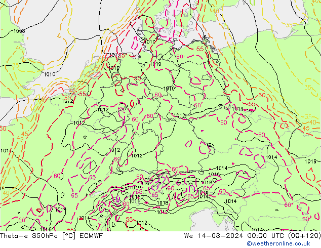 Theta-e 850hPa ECMWF wo 14.08.2024 00 UTC