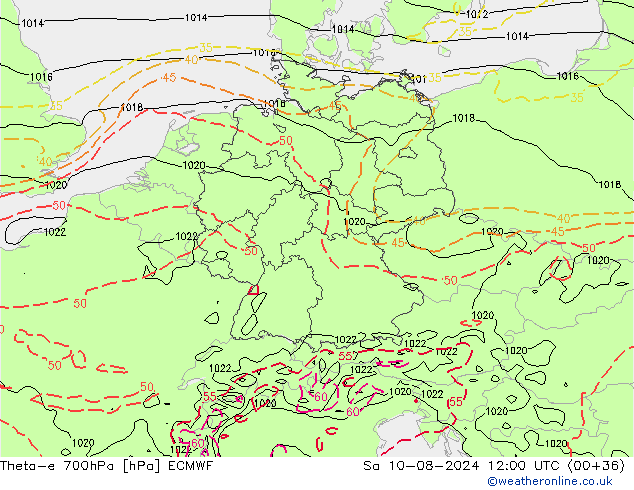 Theta-e 700hPa ECMWF za 10.08.2024 12 UTC