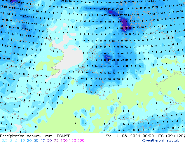 Precipitation accum. ECMWF 星期三 14.08.2024 00 UTC