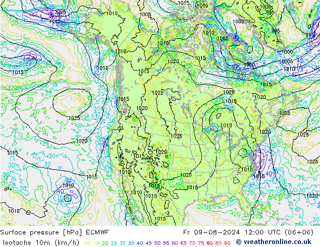 10米等风速线 (kph) ECMWF 星期五 09.08.2024 12 UTC