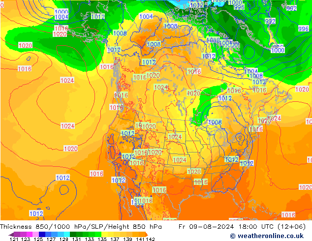 Dikte 850-1000 hPa ECMWF vr 09.08.2024 18 UTC