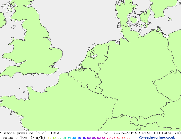 Isotachen (km/h) ECMWF za 17.08.2024 06 UTC