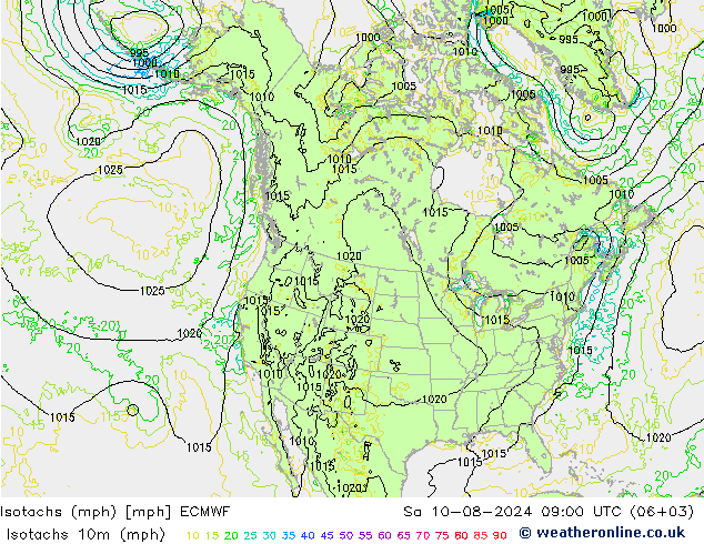 Isotachs (mph) ECMWF 星期六 10.08.2024 09 UTC