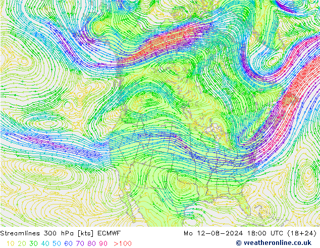 Stroomlijn 300 hPa ECMWF ma 12.08.2024 18 UTC