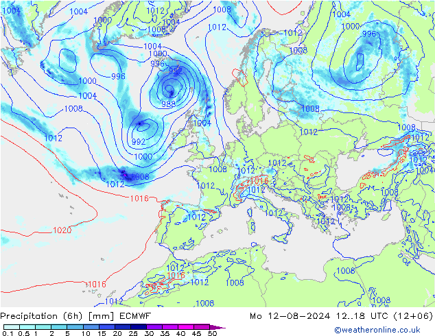 Z500/Rain (+SLP)/Z850 ECMWF 星期一 12.08.2024 18 UTC