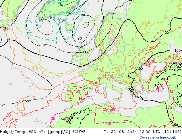 Z500/Rain (+SLP)/Z850 ECMWF 星期二 20.08.2024 12 UTC