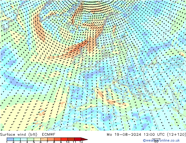 Wind 10 m (bft) ECMWF ma 19.08.2024 12 UTC