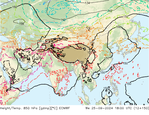 Hoogte/Temp. 850 hPa ECMWF wo 25.09.2024 18 UTC