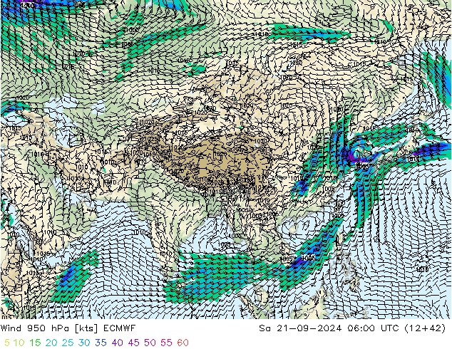 Rüzgar 950 hPa ECMWF Cts 21.09.2024 06 UTC