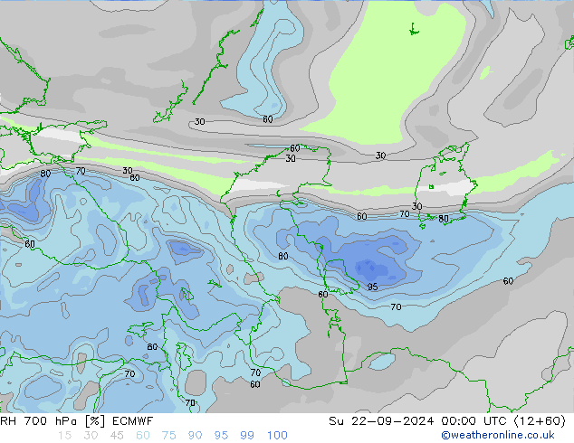 RH 700 гПа ECMWF Вс 22.09.2024 00 UTC