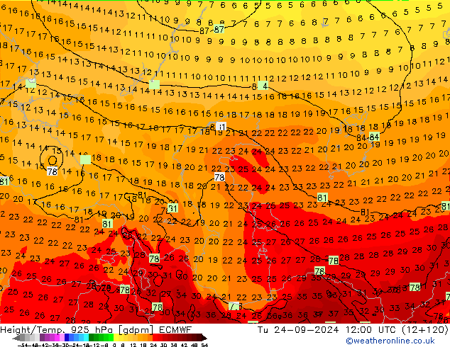 Height/Temp. 925 hPa ECMWF Ter 24.09.2024 12 UTC