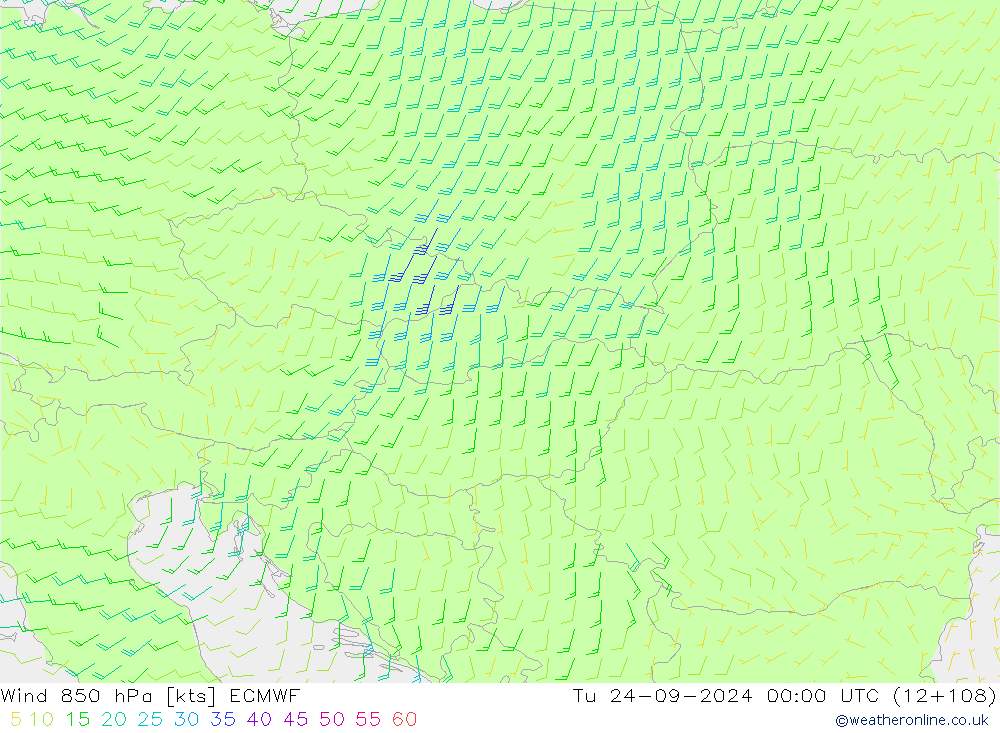 wiatr 850 hPa ECMWF wto. 24.09.2024 00 UTC