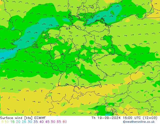 Viento 10 m ECMWF jue 19.09.2024 15 UTC