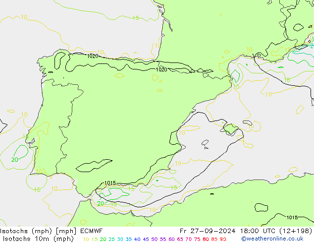 Isotachs (mph) ECMWF  27.09.2024 18 UTC