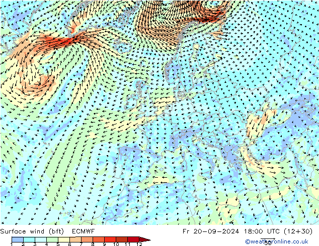 Wind 10 m (bft) ECMWF vr 20.09.2024 18 UTC