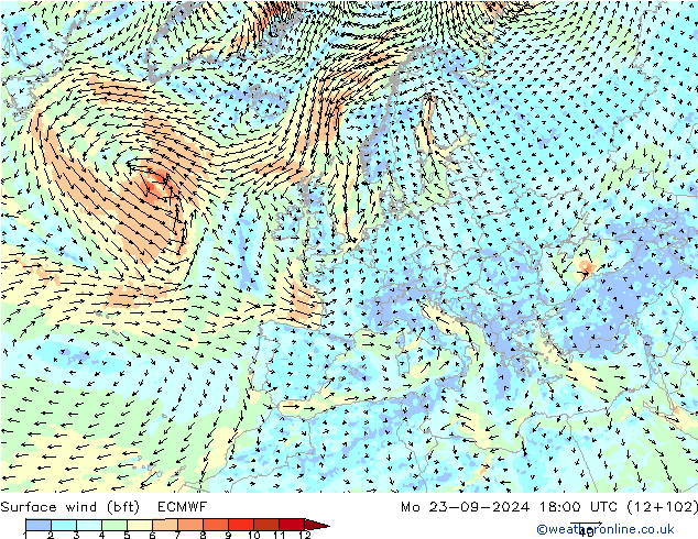 Rüzgar 10 m (bft) ECMWF Pzt 23.09.2024 18 UTC