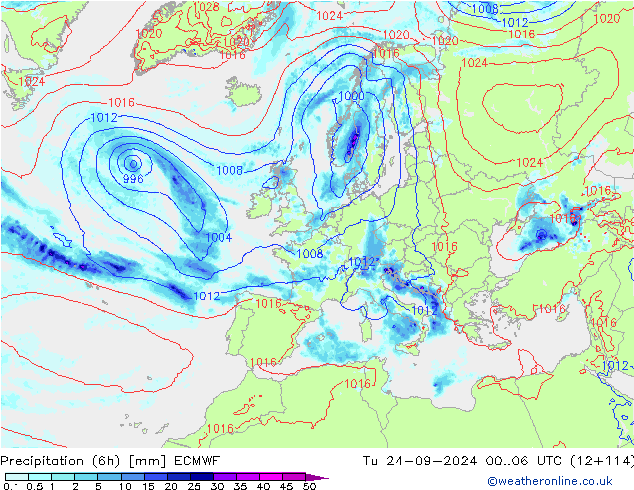 Z500/Rain (+SLP)/Z850 ECMWF Di 24.09.2024 06 UTC