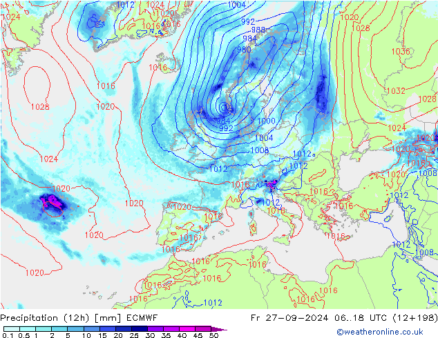 Precipitation (12h) ECMWF Fr 27.09.2024 18 UTC