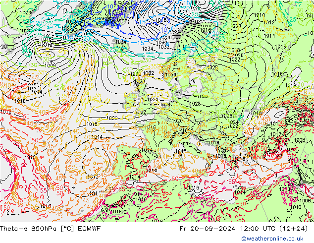 Theta-e 850hPa ECMWF Fr 20.09.2024 12 UTC